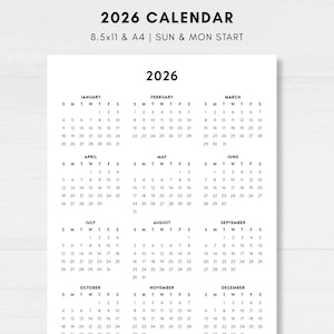 2026年一目でわかる印刷可能なデスクカレンダー、自宅やオフィスに最適なミニマリストな1ページ壁掛けカレンダー