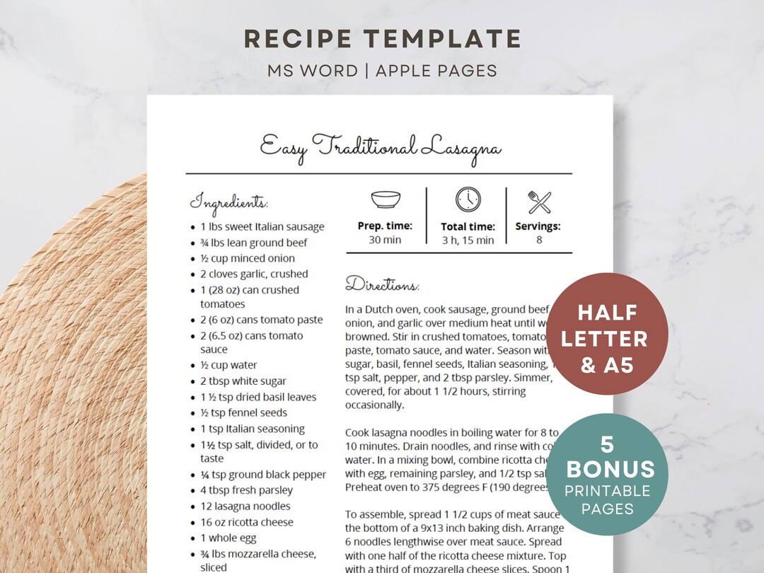 Half Letter and A5 Recipe Template for MS Word and Apple Pages ...