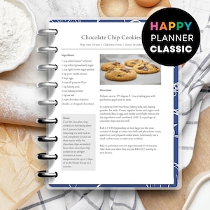 May include: A recipe planner page for chocolate chip cookies. The page includes a list of ingredients, directions, and notes. The planner is open to a page with a photo of baked cookies. The words "HAPPY PLANNER CLASSIC" are in a circle.