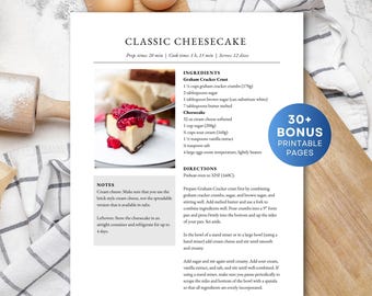 Redigerbar receptmall för långa recept, utskrivbar receptsida, receptkokbok, MS Word, Apple Pages, Google Dokument, Canva-receptmall