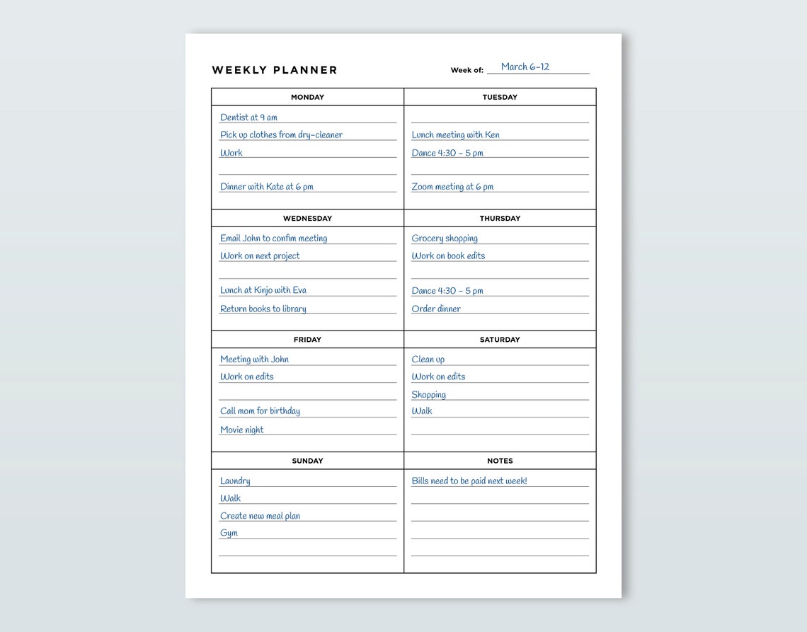 Weekly Planner Printable Page in US Letter and A4 Size, Simple Weekly ...