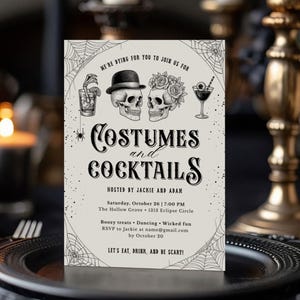Faire-part d&#39;Halloween déguisements et cocktails, faire-part d&#39;Halloween adulte modifiable, invitation vintage gothique, modèle Canva téléchargement immédiat