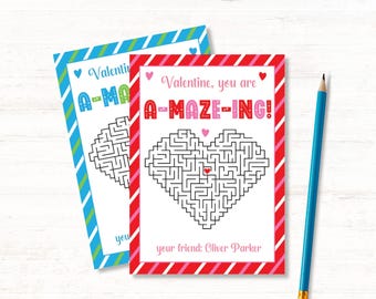 You are Amazing, Maze Printable Classroom Valentine Card, You are A-MAZE-ING Printable Kids School Valentine, Valentine Game Card, Canva DIY