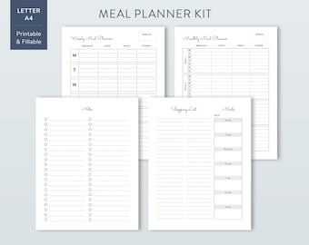 Meal Planning Kit, Printable Weekly and Monthly Meal Planners, Shopping List, To Do List, Printable and Fillable US Letter and A4 Sizes
