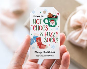 Hot Chocolate and Fuzzy Socks, Holiday Gift Tag, Printable Hot Chocs and Socks Tag, Christmas Git Tag for Friend, Coworker or Teacher, Canva