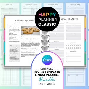 Puede incluir: Un paquete de planificador con una receta de galletas con chispas de chocolate y un planificador de comidas. La portada presenta el texto "HAPPY PLANNER CLASSIC" y "EDITABLE RECIPE TEMPLATE & MEAL PLANNER BUNDLE 30+ PAGES". Las páginas son blancas con pestañas de colores.