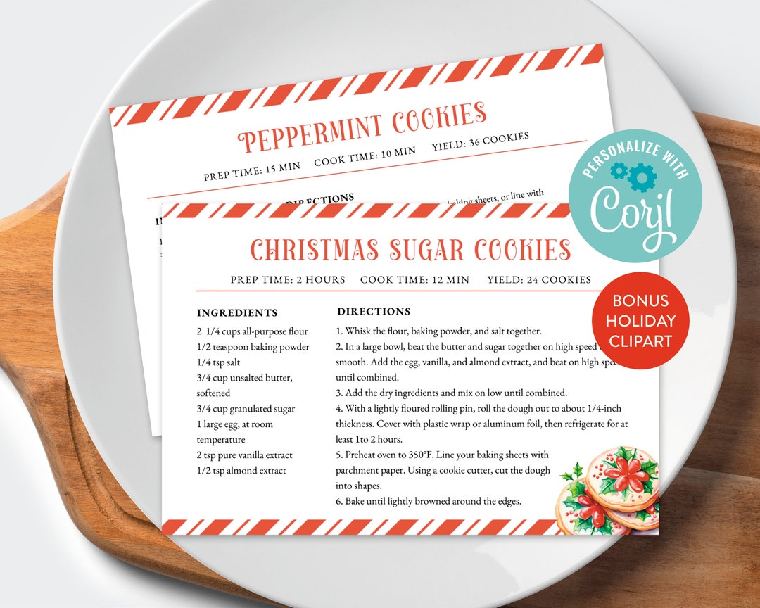 Editable Christmas Recipe Cards, Holiday Kitchen Cards, 4x6 or 5x7
