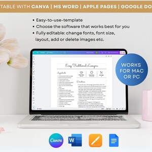 May include: A laptop displays a recipe for Easy Traditional Lasagna. The screen shows ingredients and directions. The image includes text: "EDITABLE WITH CANVA | MS WORD | APPLE PAGES | GOOGLE DOCS" and "WORKS FOR MAC OR PC". A pink mug and flowers are also visible.