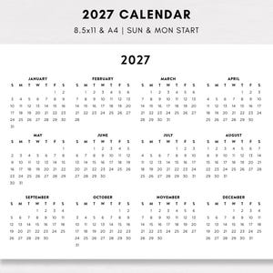Minimalist 2027 Year at a Glance, Printable One-Page Wall Calendar, Modern Yearly Overview, Horizontal, A4 and Letter
