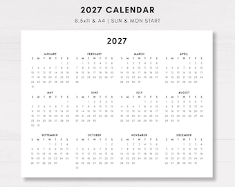 Minimalist 2027 Year at a Glance, Printable One-Page Wall Calendar, Modern Yearly Overview, Horizontal, A4 and Letter