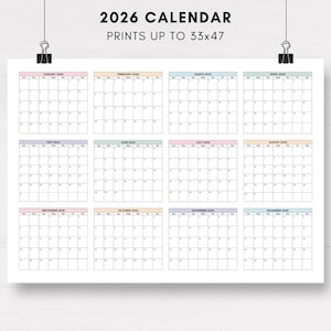 2026 Printable Year at a Glance Calendar, Oversized Wall Print, 12-Month One-Page Planner, Pastel Colors