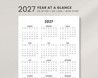 2027 Year at a Glance, Printable Desk Calendar, Minimalist Yearly Overview Planner, Annual Calendar Digital