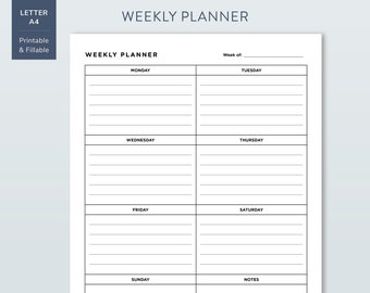 Weekly Planner Printable Page in US Letter and A4 Size, Simple Weekly Personal or Project Planner, Fillable Minimalist Planner