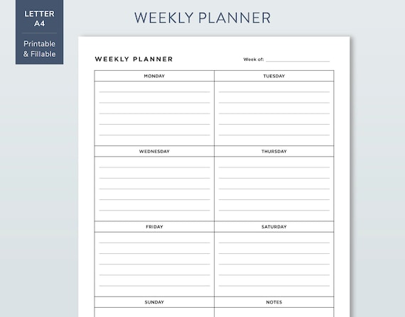 Weekly Planner Printable Page in US Letter and A4 Size Simple 
