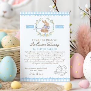 May include: An Easter-themed greeting card with a blue and white border, featuring a bunny illustration and the text "From the Desk of the Easter Bunny." Decorative eggs in pastel colors and a basket are also visible.
