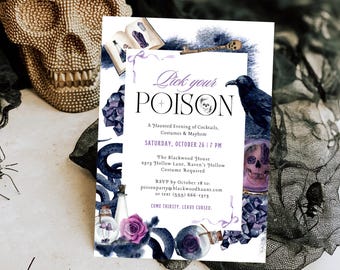 Pick Your Poison Halloween Invitation | Gothic Witch Party Invite | Editable Halloween Cocktail Party | Spooky Costume Party Canva Template