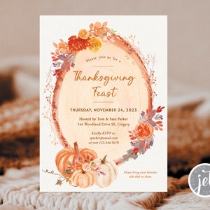 5x7 Thanksgiving Dinner Invitation, Fall Dinner Invite, Thanksgiving Feast Invitation, Rustic Autumn Printable Invitation, Editable Template