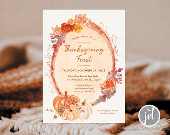 Thanksgiving Dinner Invitation, Fall Dinner Invite, Thanksgiving Feast Invitation, Rustic Autumn Printable Thanksgiving Dinner Invitation
