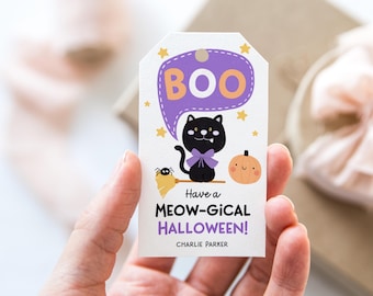 ¡Que tengas un Halloween mágico! Etiqueta de regalo para niños en el aula, etiqueta de recuerdo de Halloween "BOO", etiqueta escolar imprimible de Halloween, gato negro, descarga instantánea.