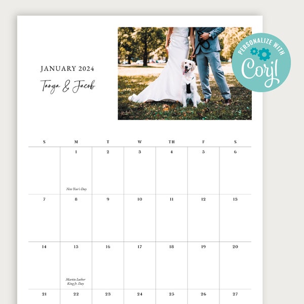 2024 Editable Photo Calendar, 2024 Printable Wall Calendar, 2024 Wedding Calendar, 2024 Personalized Calendar Template, Monthly Calendar