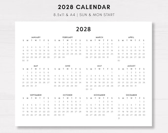 2028 Calendar Printable, 2028 Planner US Letter A4, Yearly Calendar PDF, Instant Download, Horizontal