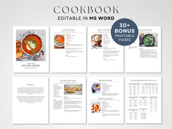 Editable Cookbook MS Word Template Classic Style, Printable Recipe Book Binder Kit, Kitchen Recipe Book Template, Cookbook Pages Template