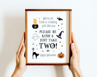 Letrero de dulces de Halloween para pedir dulces, letrero de mesa con tazón de dulces de bruja, letrero imprimible para porche, letrero para llevar dos dulces, descarga digital