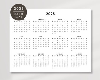 2025 Minimalistischer Buchstabe druckbarer Kalender, 2025 einfacher Planer, 2025 horizontaler Kalender, druckbarer einfacher Kalender, 8.5x11 und A4 Kalender