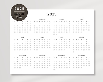 2025 minimalistische letter afdrukbare kalender, 2025 eenvoudige planner, 2025 horizontale kalender, afdrukbare eenvoudige kalender, 8.5x11 en A4 kalender