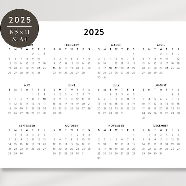 2025 Minimalist Letter Printable Calendar, 2025 Simple Planner, 2025 Horizontal Calendar, Printable Simple Calendar, 8.5x11 and A4 Calendar