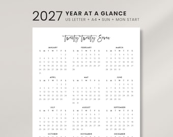 May include: A 2027 year at a glance calendar template featuring a black and white layout. The text reads 2027 YEAR AT A GLANCE, US LETTER + A4, SUN + MON START, and Twenty Twenty Seven. It displays all twelve months with dates.
