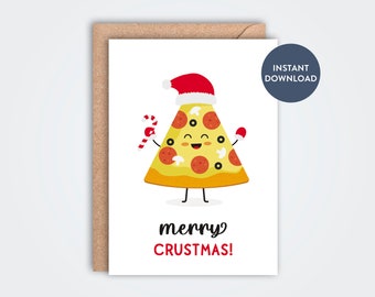 Merry Crustmas druckbare Weihnachtsgefaltete Grußkarte, Feiertagskarte, niedliche lustige Pizzakarte, Pizza-Wortspielkarte, Karte für Pizzaliebhaber, Digital