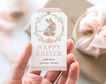 Happy Easter, Printable Pink Bunny Gift Tag, Editable with Canva, Instant Download, Party Favor Treat Tag, Cookie Label