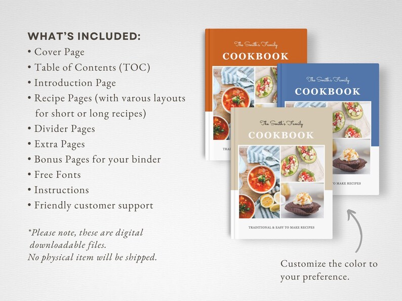 May include: Three cookbook covers with different colour schemes. The covers feature photos of food and the text "The Smith's Family Cookbook".