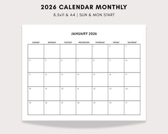 2026 Printable Monthly Calendar, Simple Desk 2026 Minimalist Planner, 8x11, A4, Instant Download
