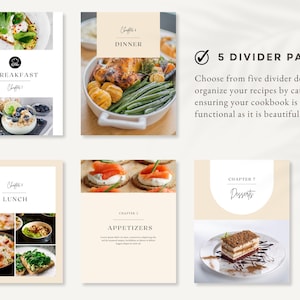 Peut inclure: Cinq pages de s&eacute;parateur pour un livre de cuisine, chacune avec un design diff&eacute;rent et une photo de nourriture. Les designs incluent "Petit-d&eacute;jeuner", "D&eacute;jeuner", "D&icirc;ner", "Ap&eacute;ritifs" et "Desserts".