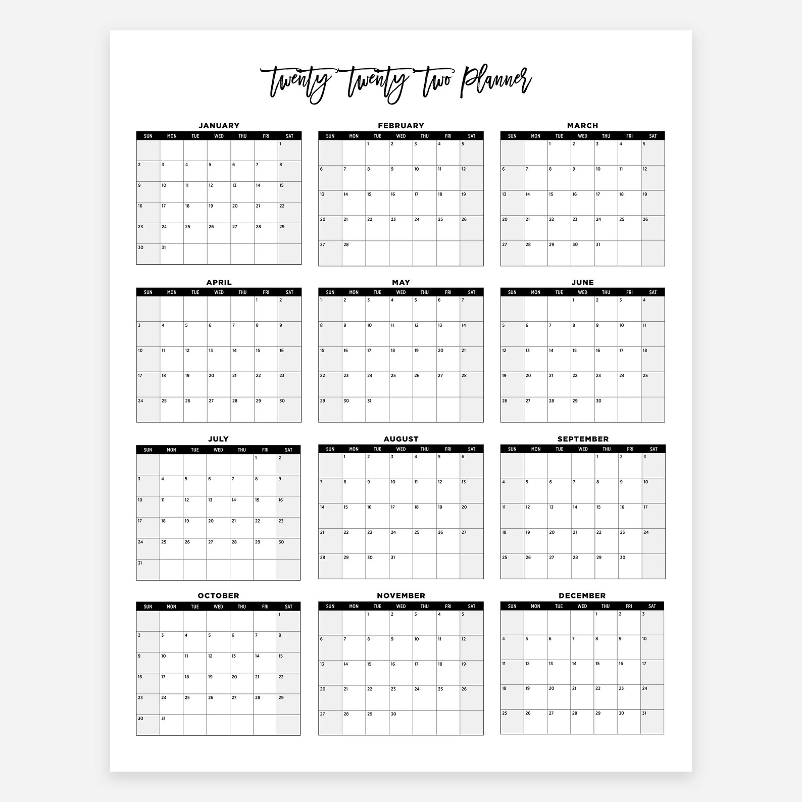 2022 Printable Large Calendar 2022 Simple Wall Calendar 2022 Etsy Canada