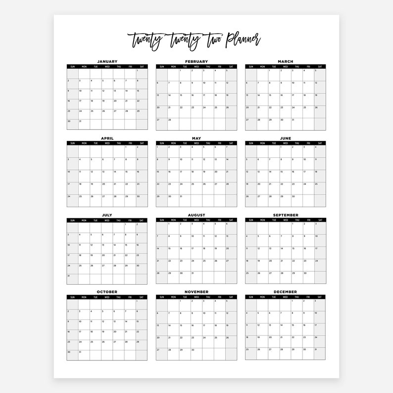2022 Printable Large Calendar 2022 Simple Wall Calendar 2022 Etsy Canada