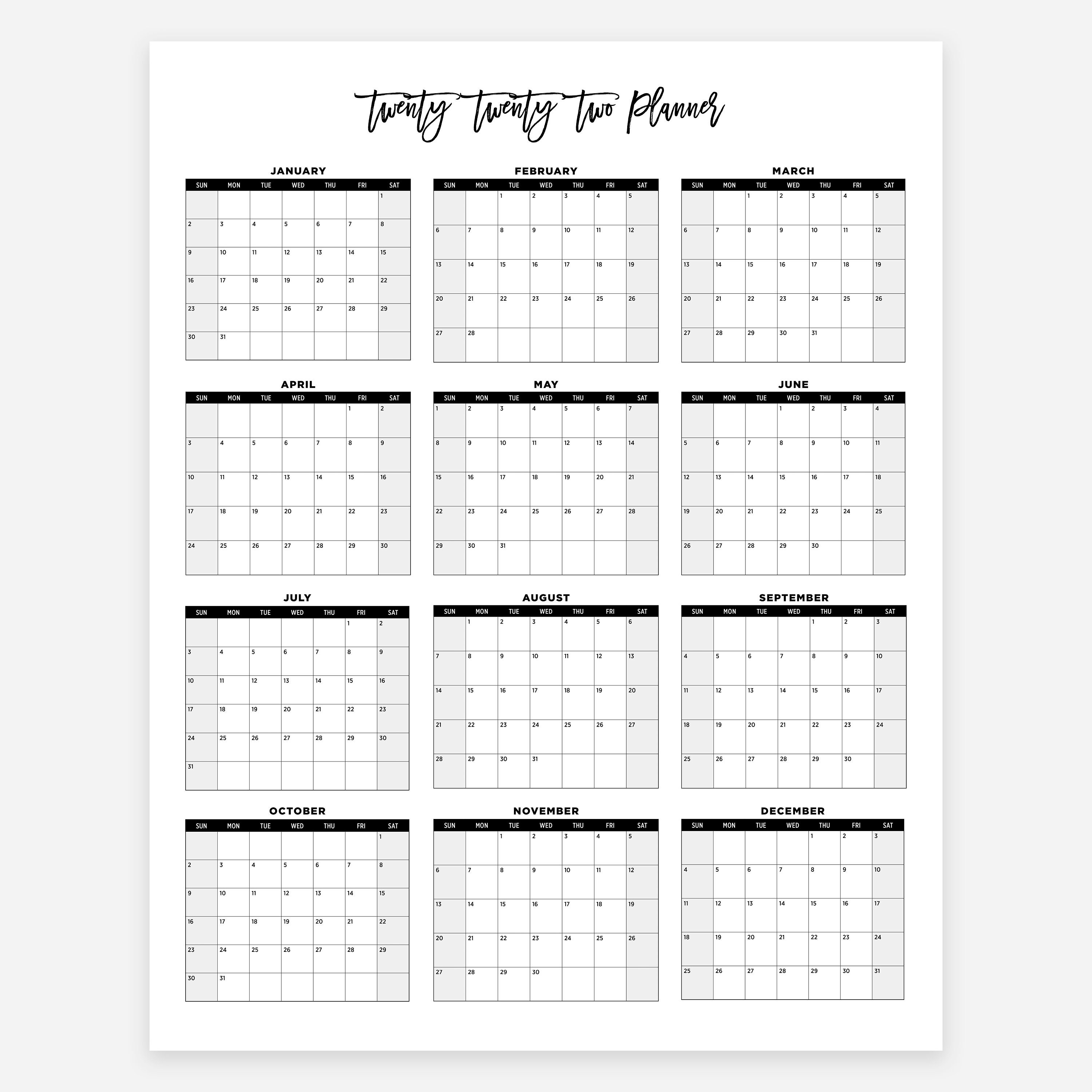 2022 Printable Large Calendar 2022 Simple Wall Calendar 2022 Etsy Canada