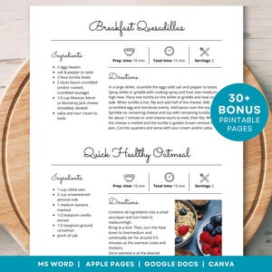 Plantilla de página de 2 recetas cortas, plantilla de recetas de MS Word, Google Docs, Canva, páginas de recetas editables, plantilla de libro de cocina imprimible