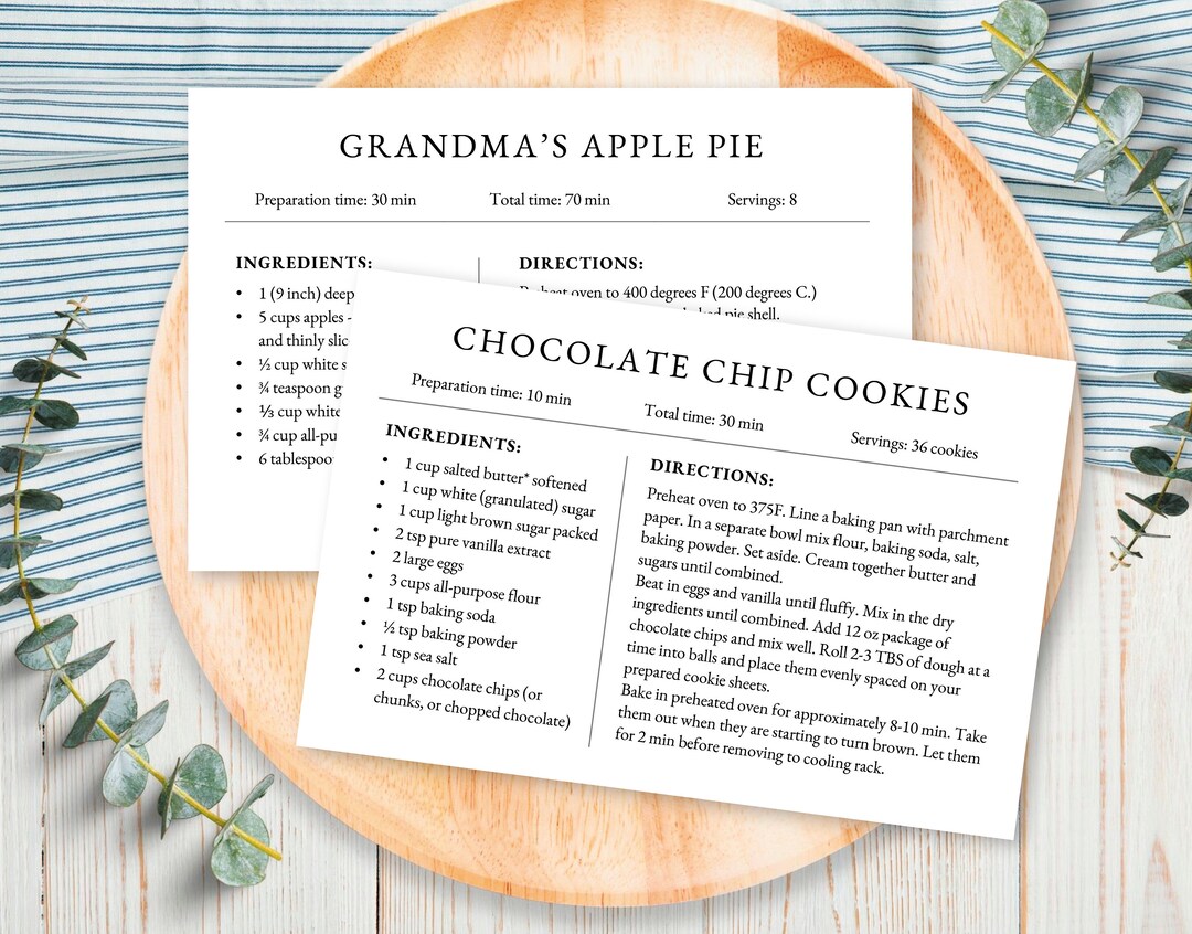 4x6 and 5x7 Recipe Card, Recipe Card Template, Word Template, Printable