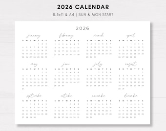 2026 Printable Simple Calendar, Office Desk Landscape Planner, Minimalist, Sunday Monday Start, Letter and A4