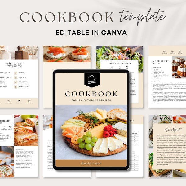 Canva Recipe Book Template, Editable Cookbook, Printable Recipe ebook, Canva Meal Planner, Recipe Kit for Canva, Instant Download