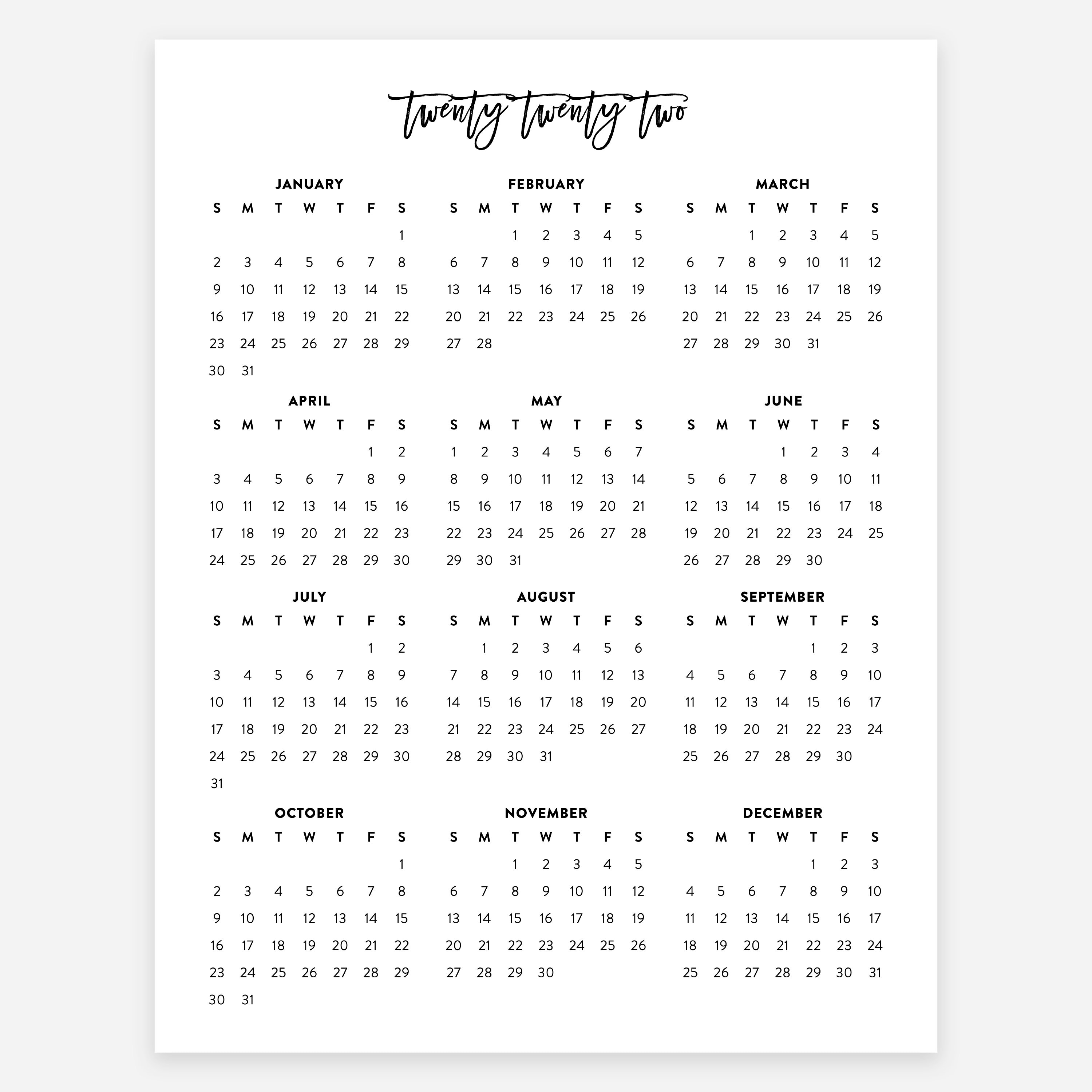 2022 letter printable calendar 2022 simple calendar 2022 etsy new zealand