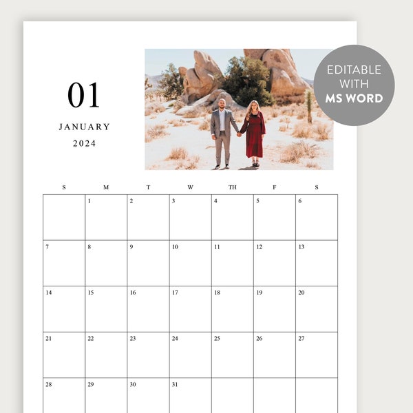 2024 Editable Calendar, 2024 Printable Wall Calendar, 2024 Family Photo Calendar, 2024 Monthly Calendar, Family, Wedding, Engagement, Baby