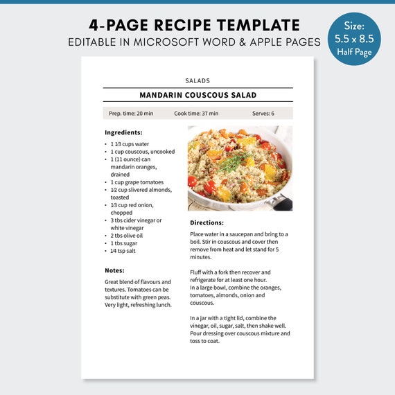 Half Letter Recipe Template Editable Recipe Pages Microsoft | Etsy