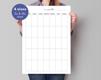 Simple Blank Printable Calendar, Large Vertical Wall Calendar Undated, 8x11, 18x24, 24x36, 27x40, Sunday Monday Start, 4 sizes