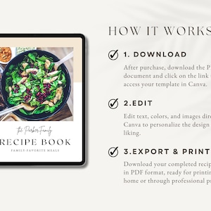 Peut inclure: Une tablette num&eacute;rique affichant un mod&egrave;le de livre de recettes avec une photo d'une salade avec du poulet et des graines de grenade. Le texte sur la tablette indique "The Parker Family Recipe Book Family Favorite Meals". Le texte sur le c&ocirc;t&eacute; droit de l'image indique "How It Works 1. Download 2. Edit 3. Export & Print".