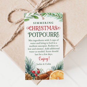 Istruzioni per l'etichetta Potpourri di Natale sul piano cottura, Etichetta regalo Potpourri stampabile, Etichetta Potpourri natalizia modificabile, Etichetta regalo per amico o insegnante