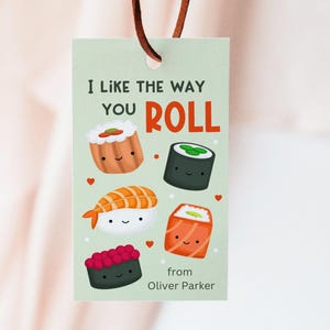 I Like the Way you Roll, Cute Sushi Valentine&#39;s Day Classroom Tag, School Sushi Gift Tag, Printable Kids Sushi Card, Editable Canva Template